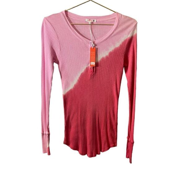 Sundry Womens Ribbed Thermal Henley Top Pink Dip Dye Long Sleeve Shirt NEW - Picture 2 of 10